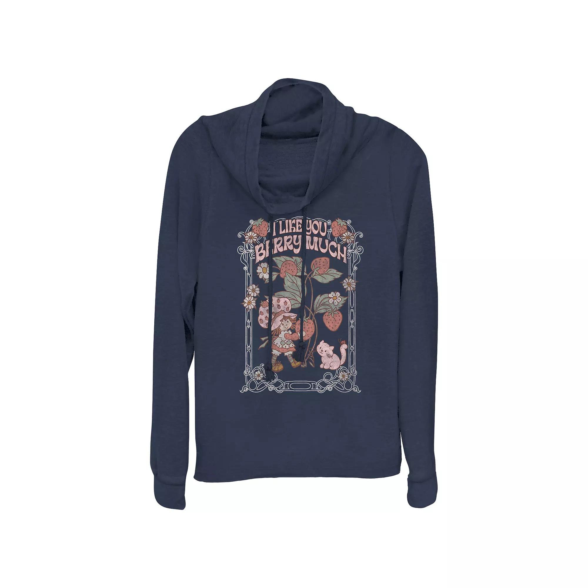 Women's Strawberry Shortcake I Like You Berry Much Cowlneck Graphic Lightweight Long Sleeve, Girl's, Size: XS, Blue Product Image