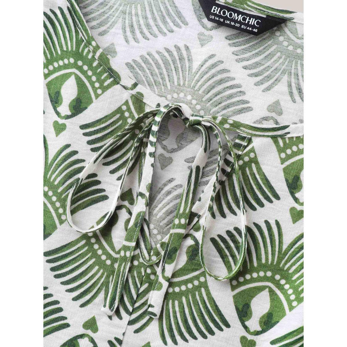 Plus Size Moss Large Floral Print Flared Sleeve Tie Blouse Women Short sleeve Flat collar with V-notch Vacation Blouses BloomChic 14-16/1X Product Image