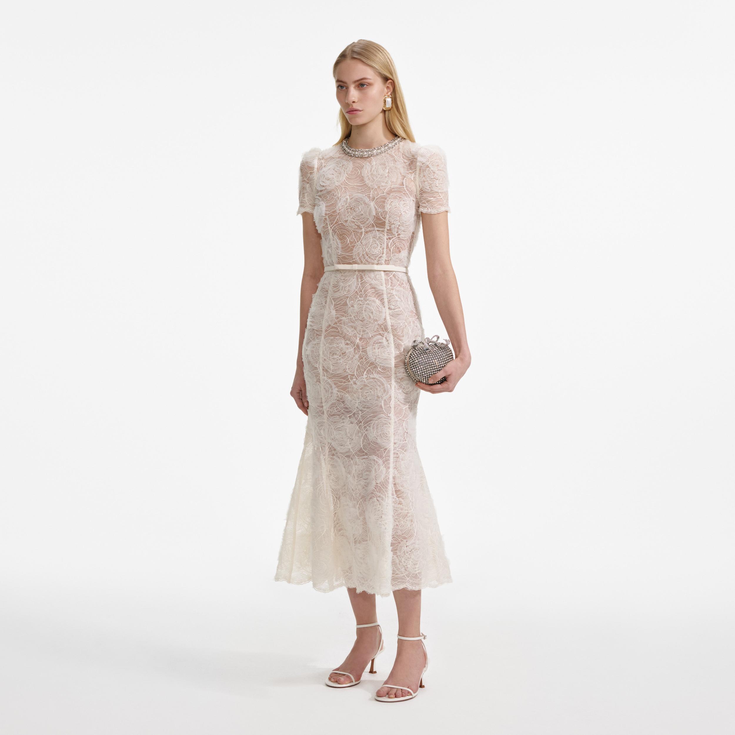 Cream Tulle Lace Midi Dress Product Image