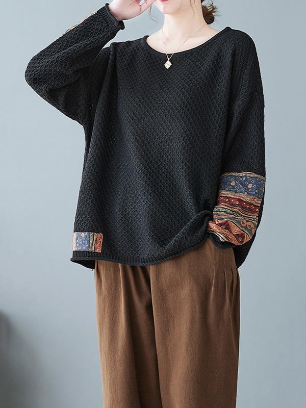 Long Sleeves Loose Printed Split-Joint Round-Neck Pullovers Sweater Tops Product Image