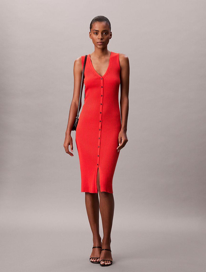 Cotton Rib V-Neck Dress Product Image