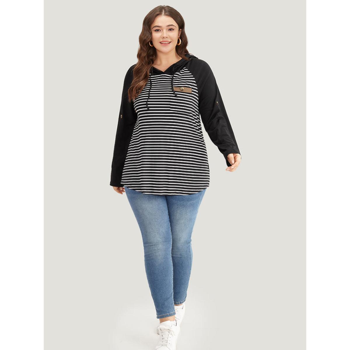 Plus Size Striped Patched Pocket Button Detail T-shirt Black Women Casual Patchwork Striped Hooded Dailywear T-shirts BloomChic 30/6X Product Image
