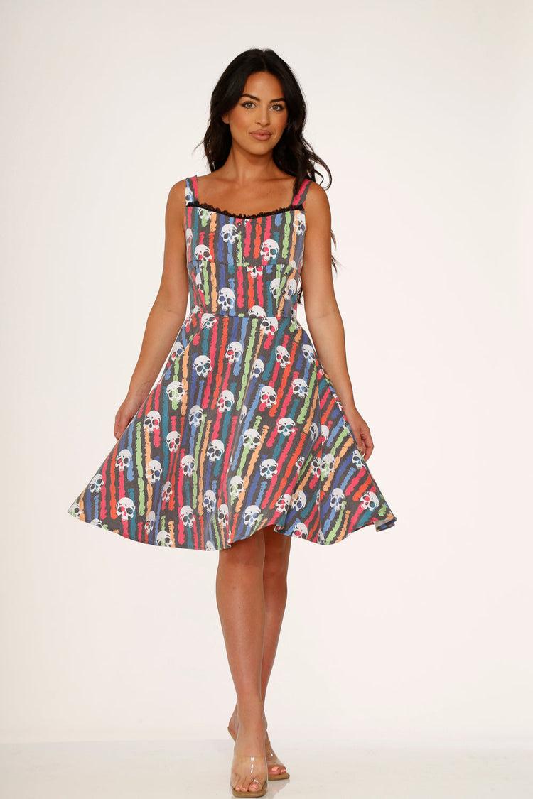 Black Skulls Rainbow Swing Dress Product Image