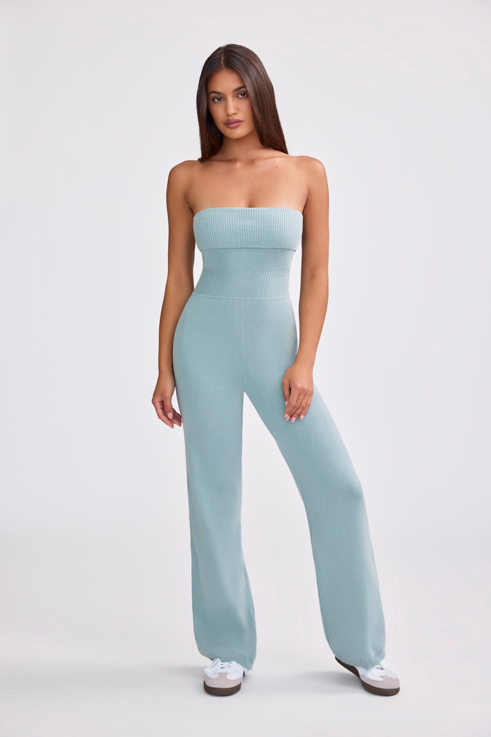 Chunky Knit Bandeau Kick Flare Jumpsuit in Dusty Teal Product Image