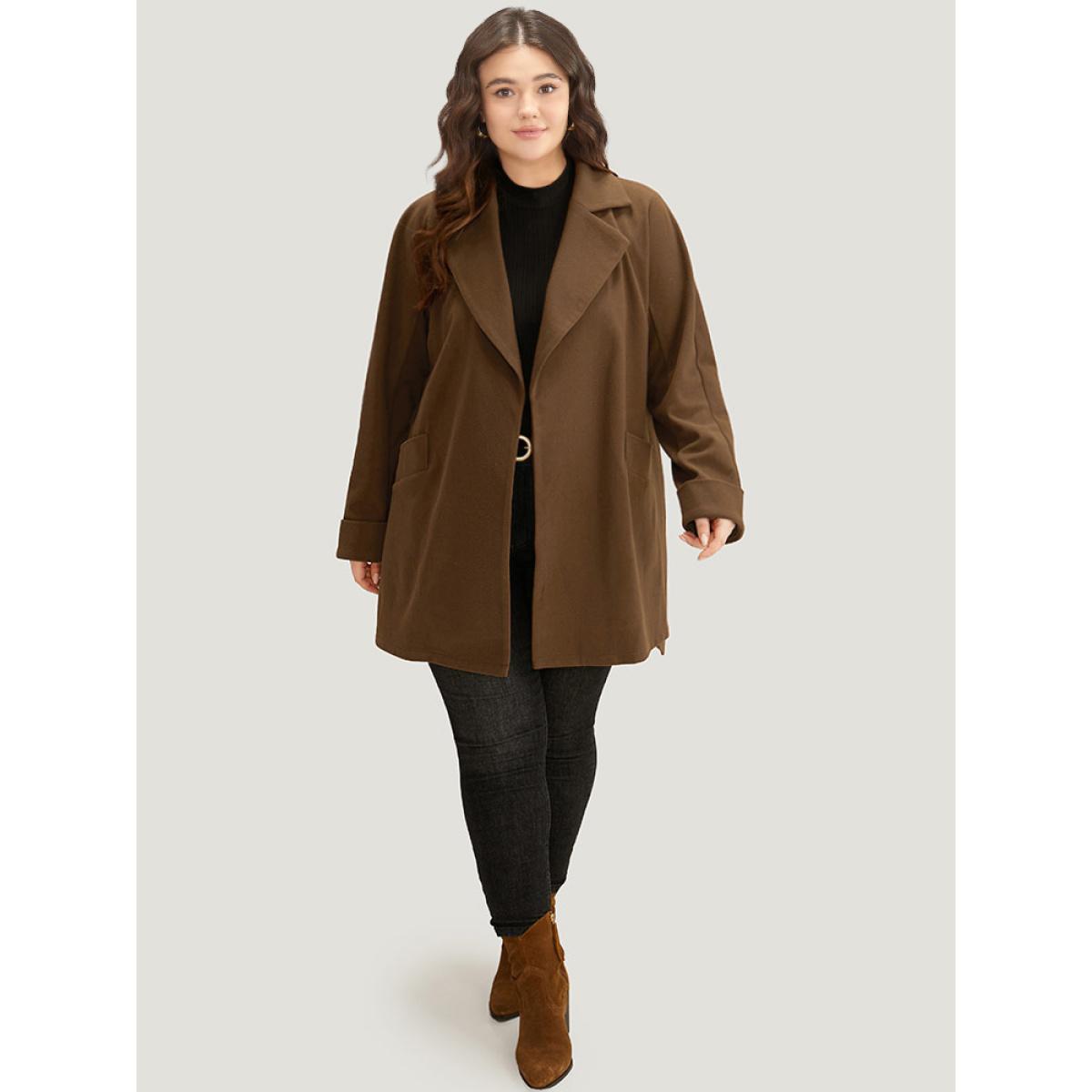 Plus Size Plain Lapel Collar Pocket Belted Coat Women DarkBrown Casual Plain Ladies Dailywear Winter Coats BloomChic 14-16/1X Product Image