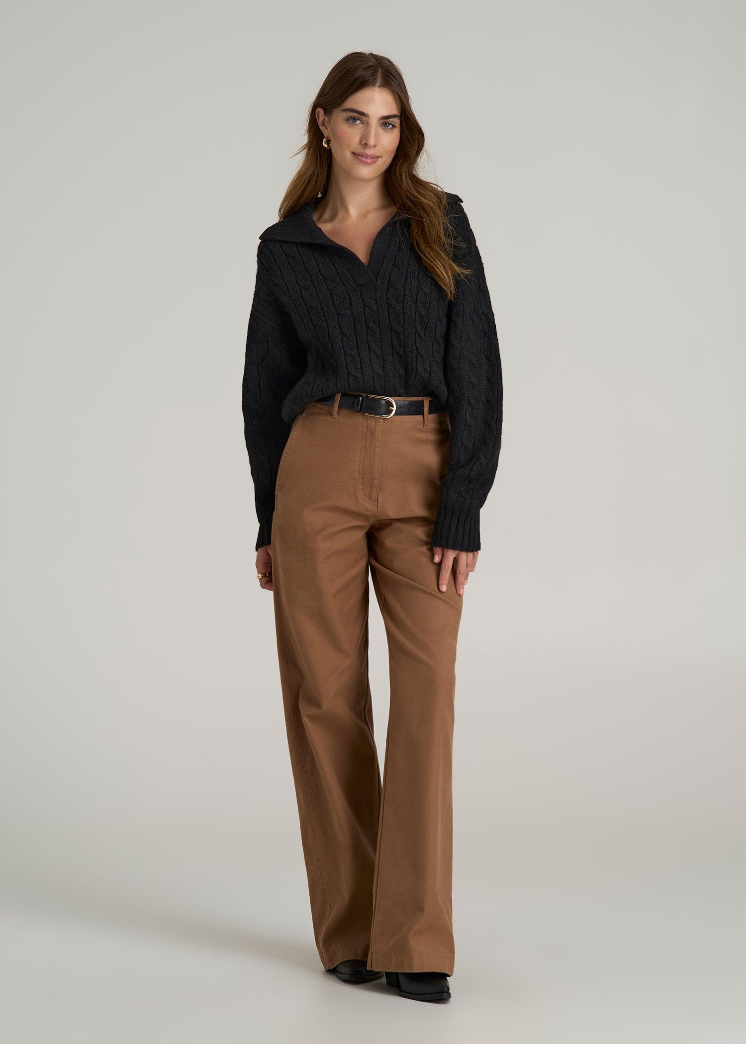 Johnny Collar Cable Knit Sweater for Tall Women in Black Female Product Image