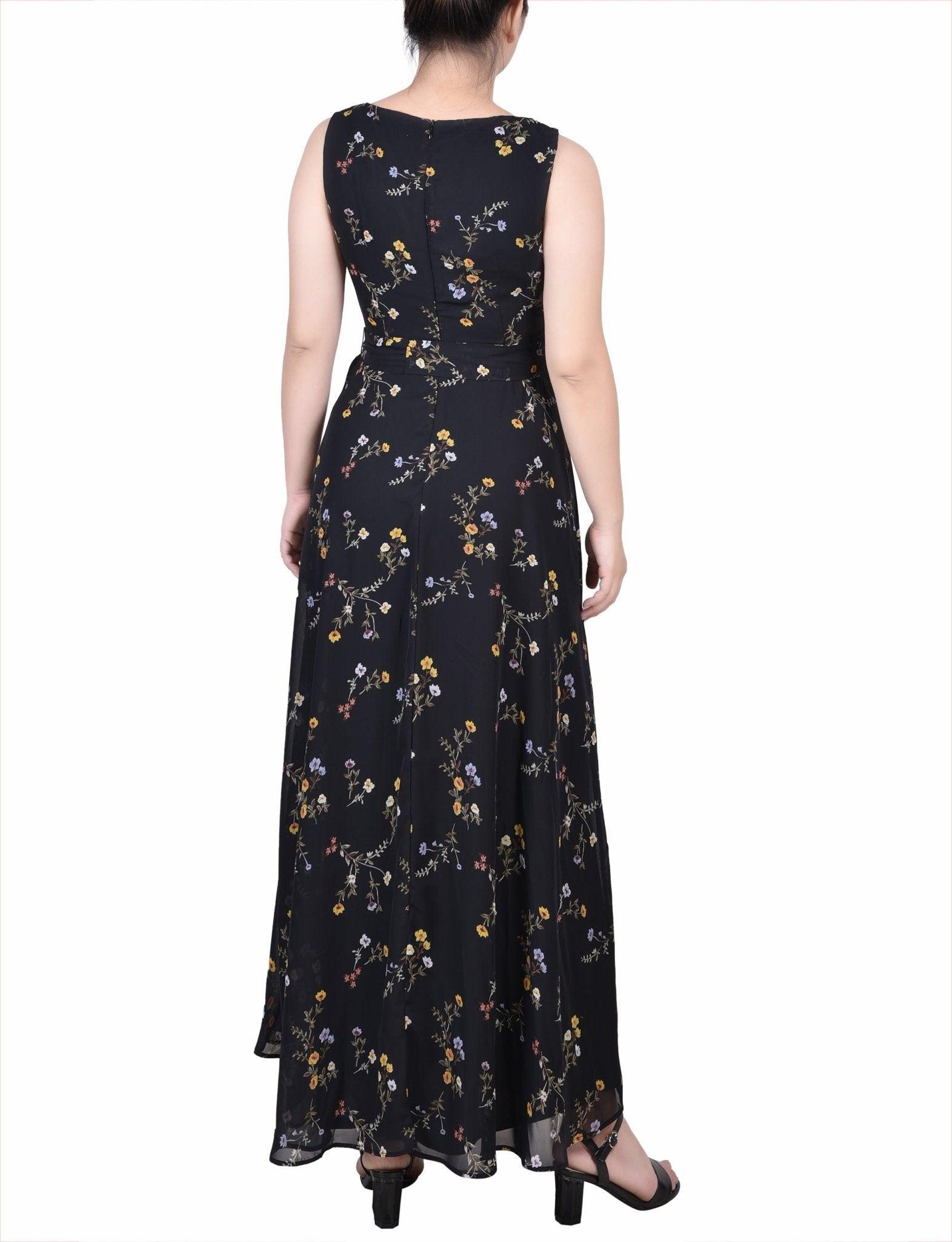 Black Must Vine Sleeveless Belted Chiffon Maxi Dress - Petite Product Image
