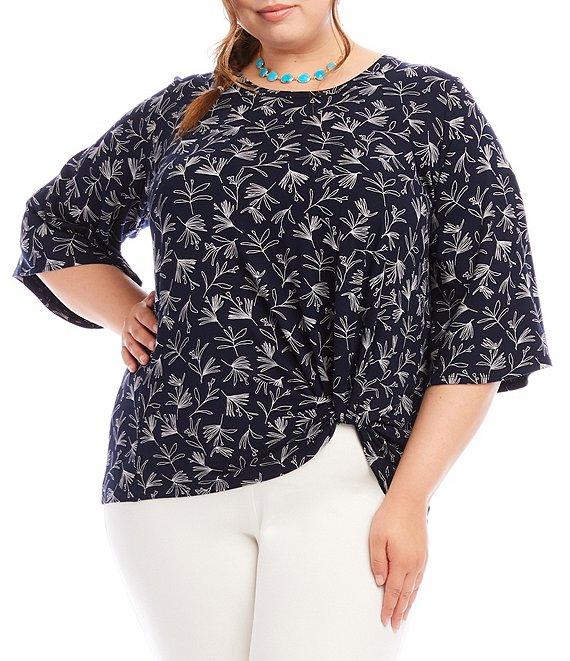 Karen Kane Plus Size Floral Crew Neck 3/4 Flare Sleeve Pick-Up Top Product Image