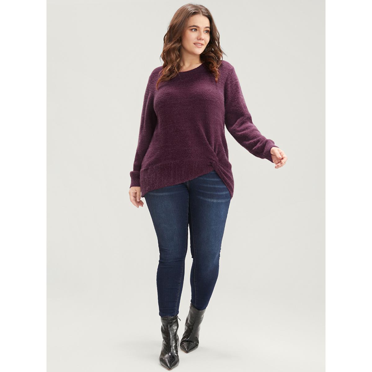 Plus Size Solid Soft Sexy Yarn Knit Twist Front Fluffy Knit Top Burgundy Women Elegant Loose Long Sleeve Round Neck Dailywear Pullovers BloomChic 22-24/3X Product Image