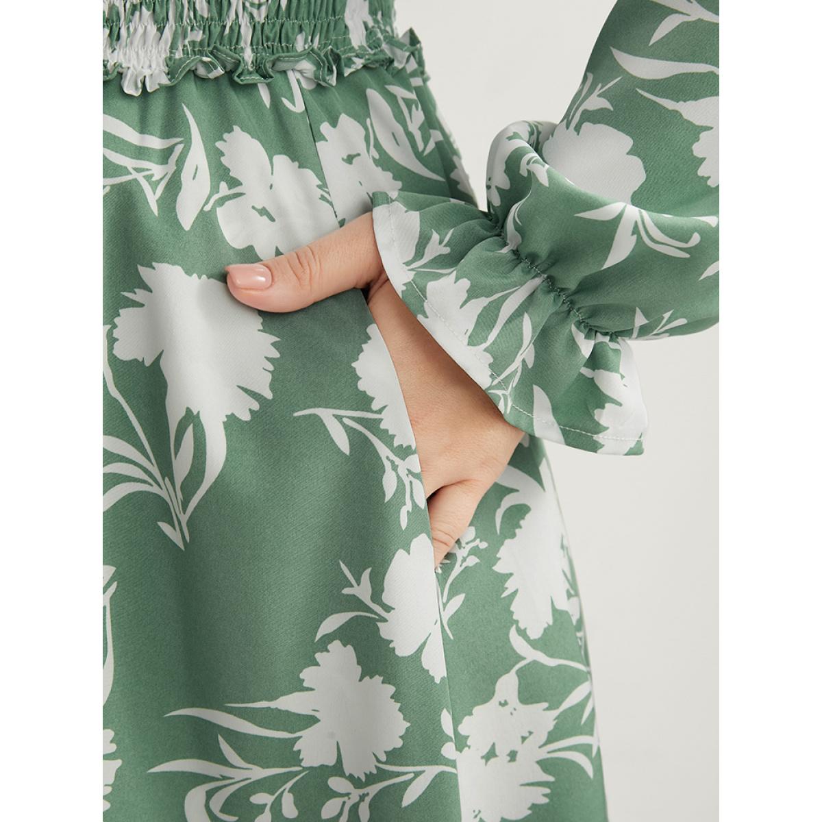 Plus Size Floral Lantern Sleeve Shirred Pocket Tie Neck Ruffle Dress Green Women Elegant Pocket Round Neck Long Sleeve Curvy Midi Dress BloomChic 26/4X Product Image