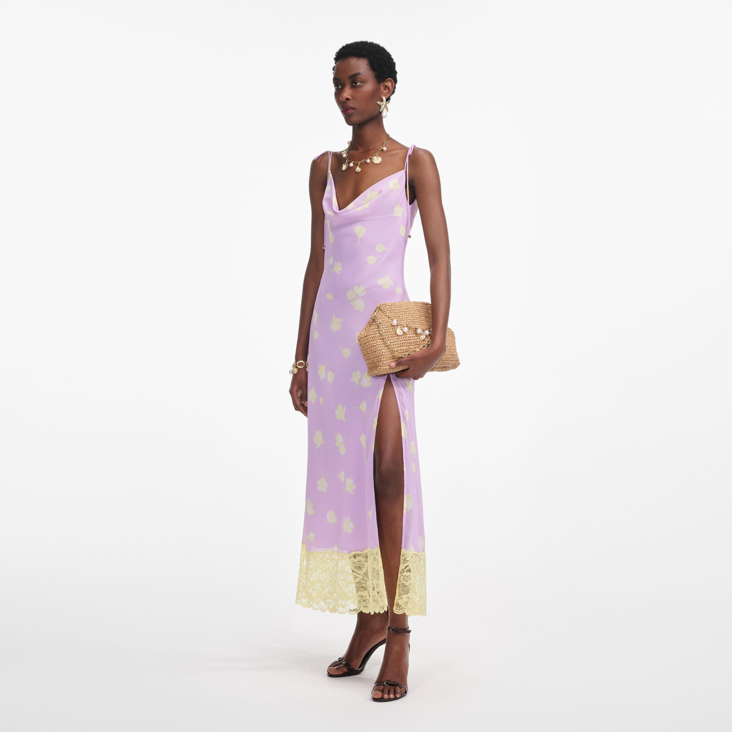 Lilac Floral Chiffon Midi Dress Product Image