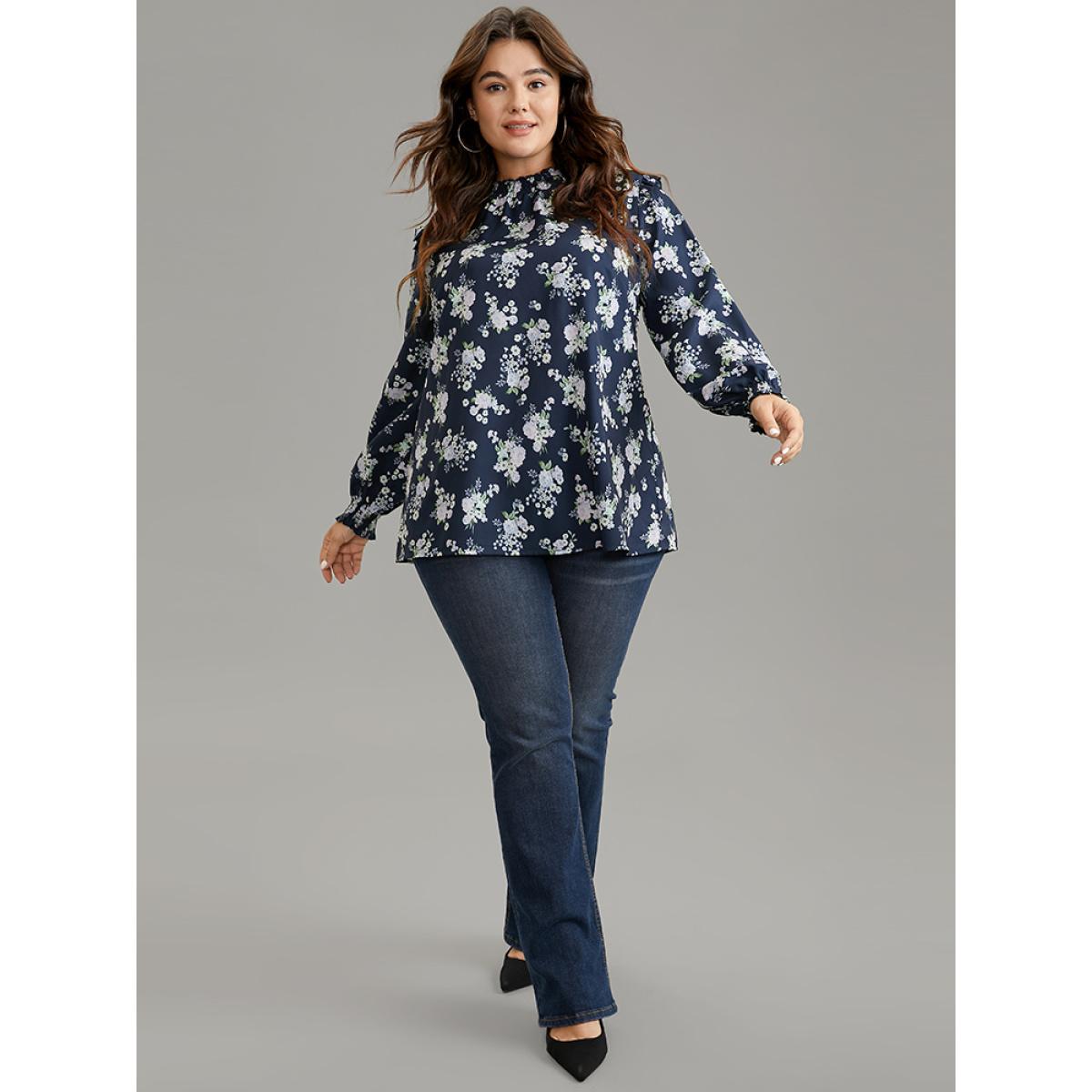 Plus Size Indigo Ruffle Trim Floral Print Shirred Blouse Women Elegant Long Sleeve Mock Neck Office Blouses BloomChic 18-20/2X Product Image