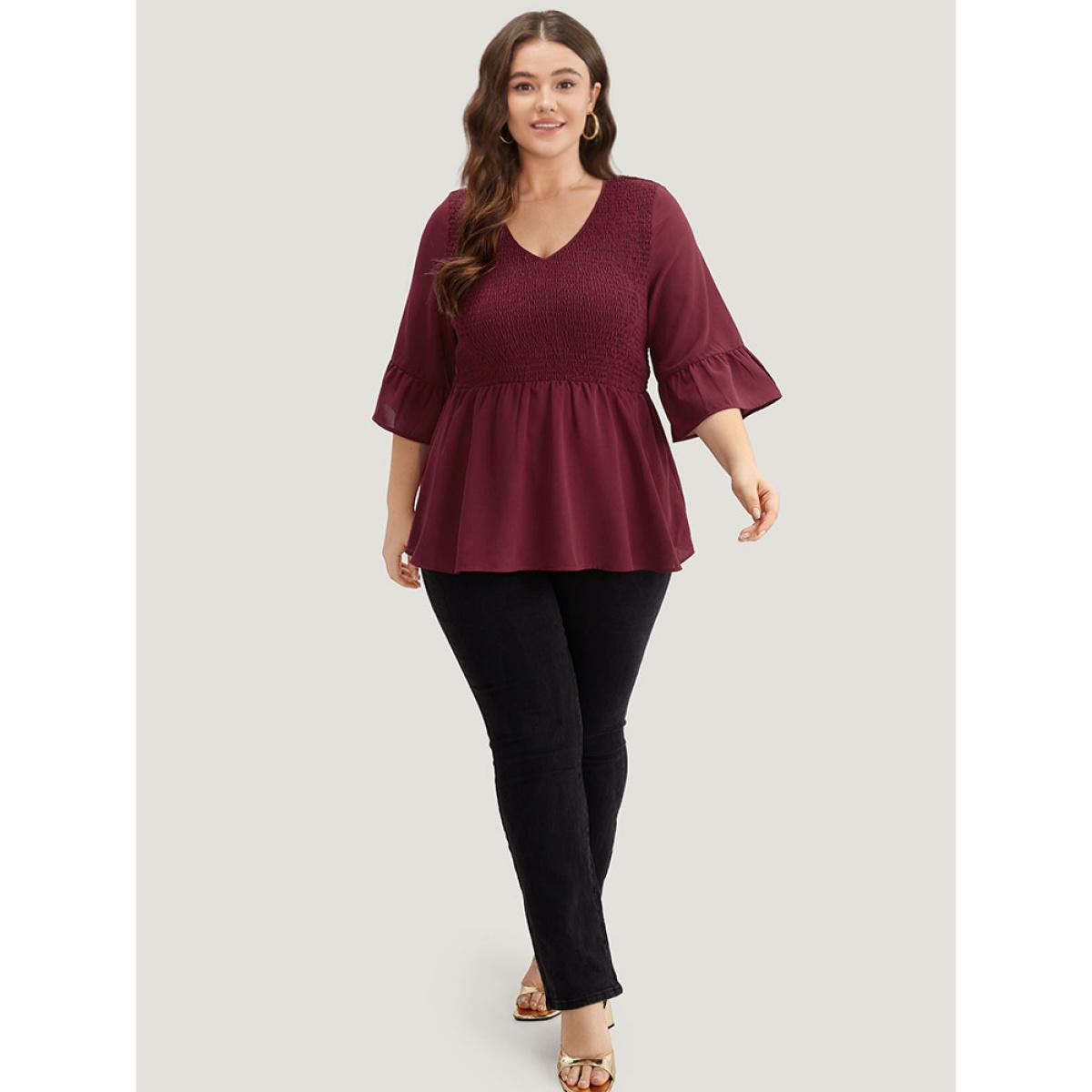 Plus Size Scarlet Plain Shirred Patchwork Ruffle Trim V Neck Blouse Women Elegant Half Sleeve V-neck Dailywear Blouses BloomChic 22-24/3X Product Image