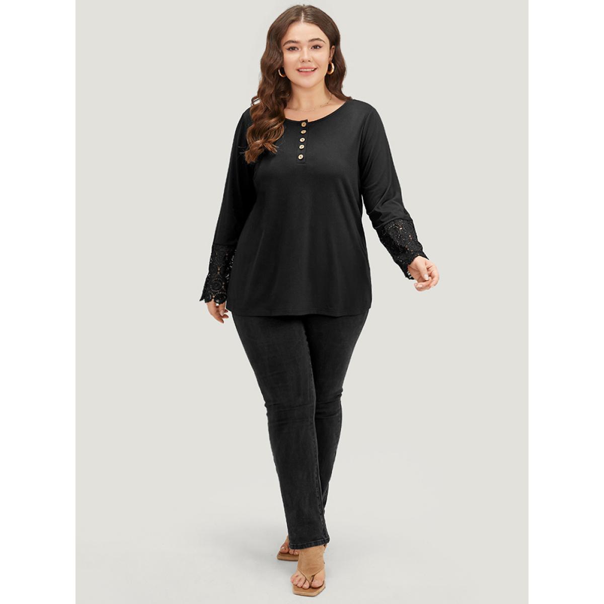 Plus Size Halloween Solid Round Neck Button Up Lace Panel T-shirt Black Women Elegant Plain Plain Open Front Everyday T-shirts BloomChic 26/4X Product Image