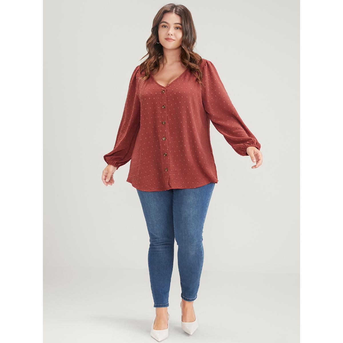Plus Size Russet Solid Button Lantern Sleeve V Neck Blouse Women Elegant Long Sleeve V-neck Dailywear Blouses BloomChic 14-16/1X Product Image