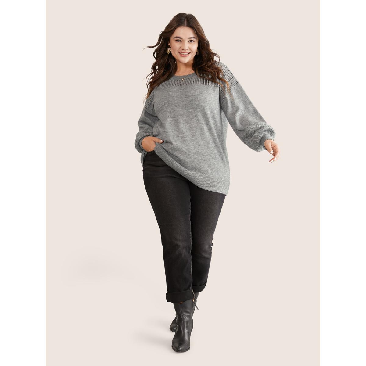 Plus Size Supersoft Essentials Plain Hollow Out Puff Sleeve Pullover Gray Women Casual Loose Long Sleeve Round Neck Dailywear Pullovers BloomChic 12/L Product Image