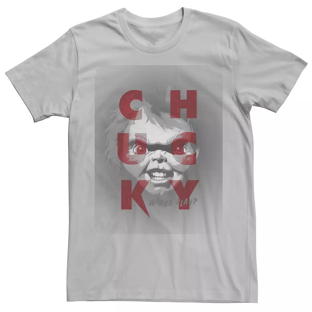 Men's Chucky Wanna Play? Grey Scale Portrait Letter Stack Tee,  Product Image