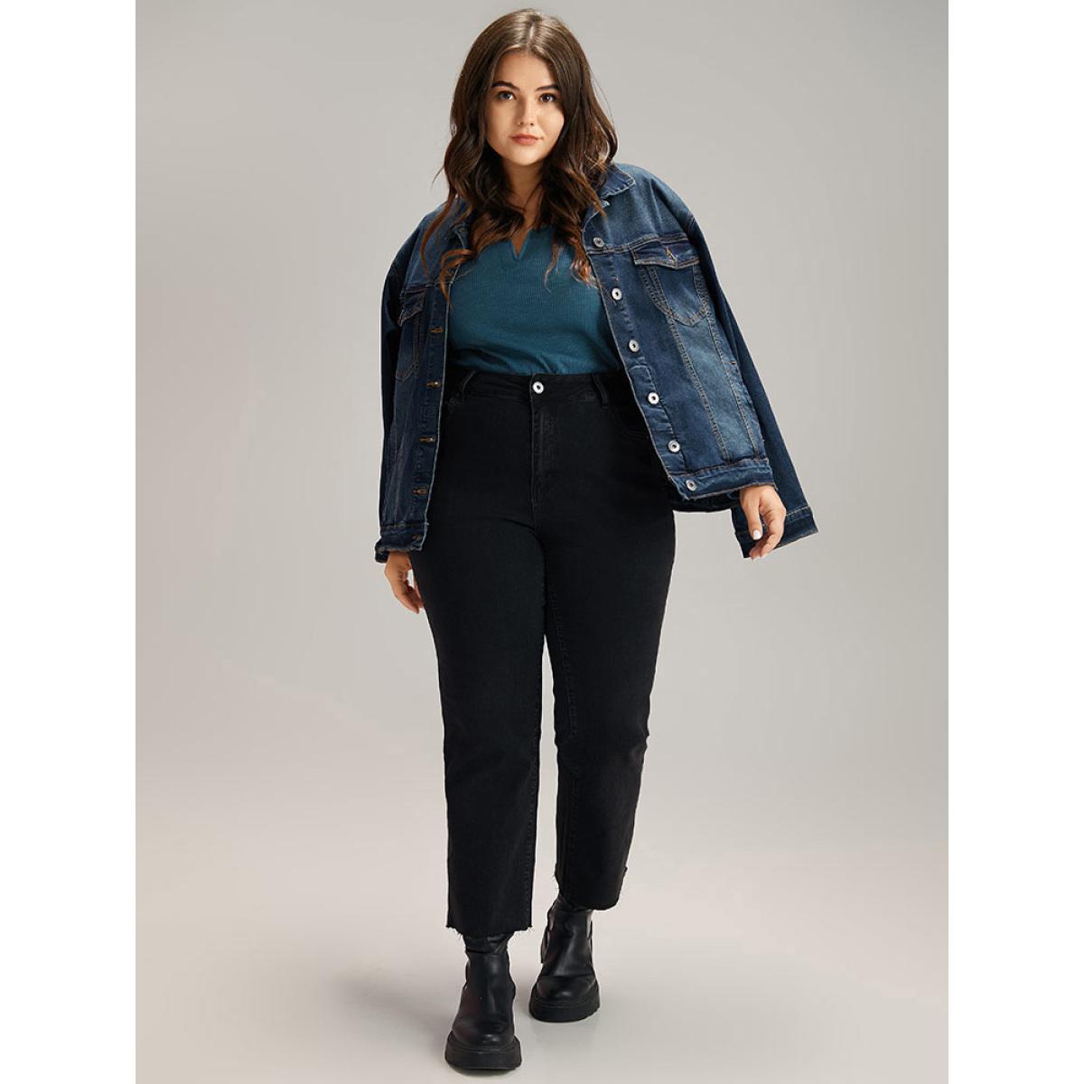 Plus Size Plain Slightly Stretchy Notched T-shirt Cyan Women Casual Plain Plain Notched collar Dailywear T-shirts BloomChic 26/4X Product Image