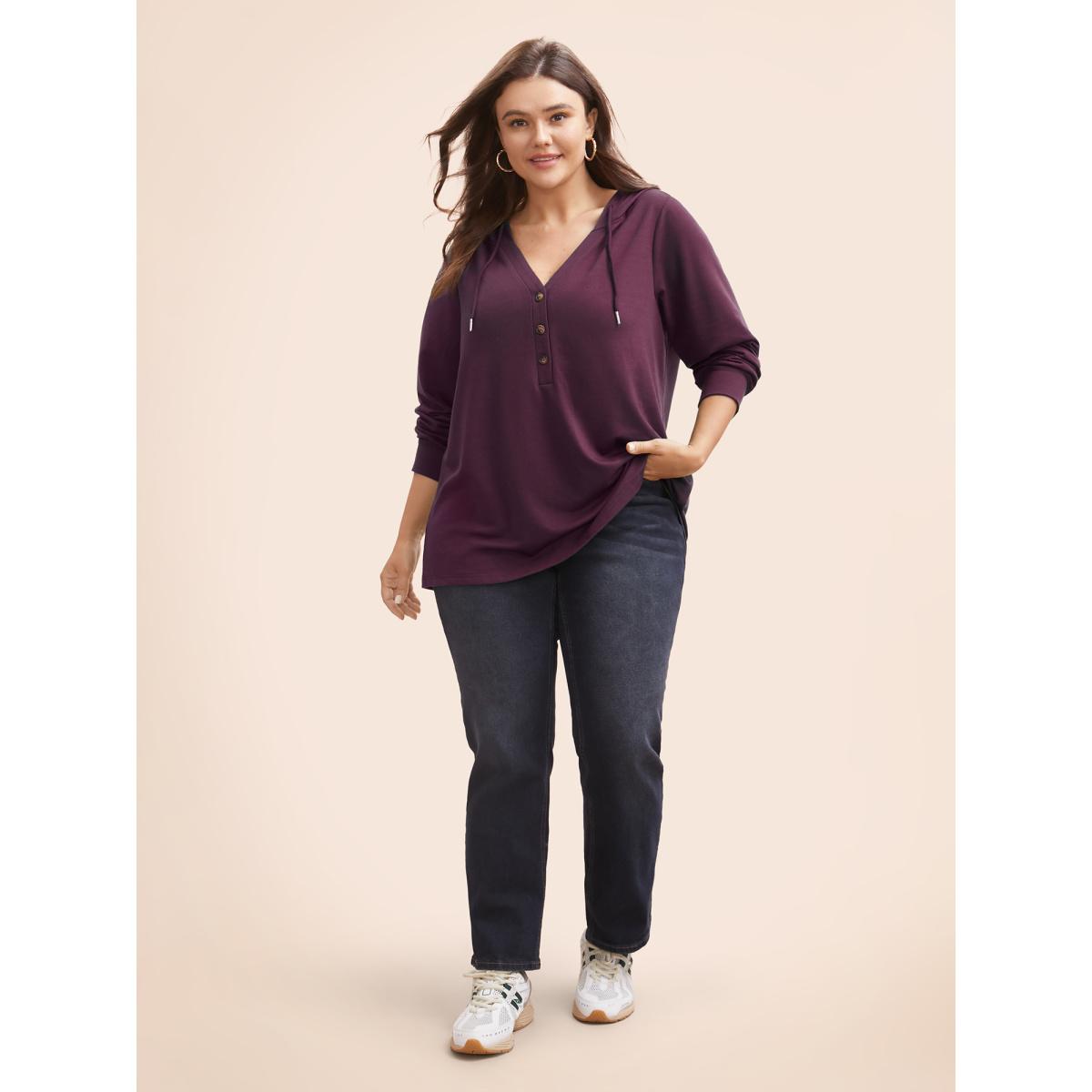 Plus Size Plain Button Up Drawstring Hooded Sweatshirt Women DarkGreen Casual Elastic cuffs Hooded Dailywear Sweatshirts BloomChic 18-20/2X Product Image