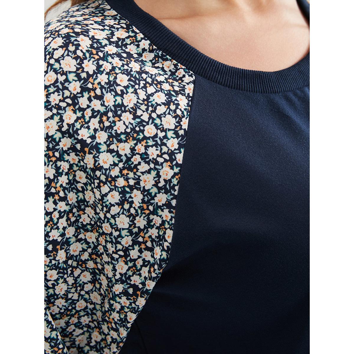 Plus Size Ditsy Floral Patchwork Round Neck Sweatshirt Women Indigo Elegant Patchwork Round Neck Dailywear Sweatshirts BloomChic 26/4X Product Image