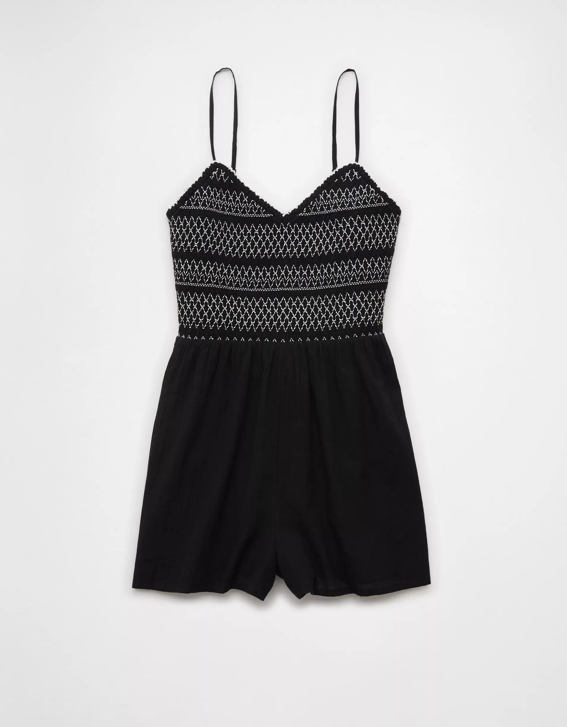 AE Textured Smocked V-Neck Romper Product Image