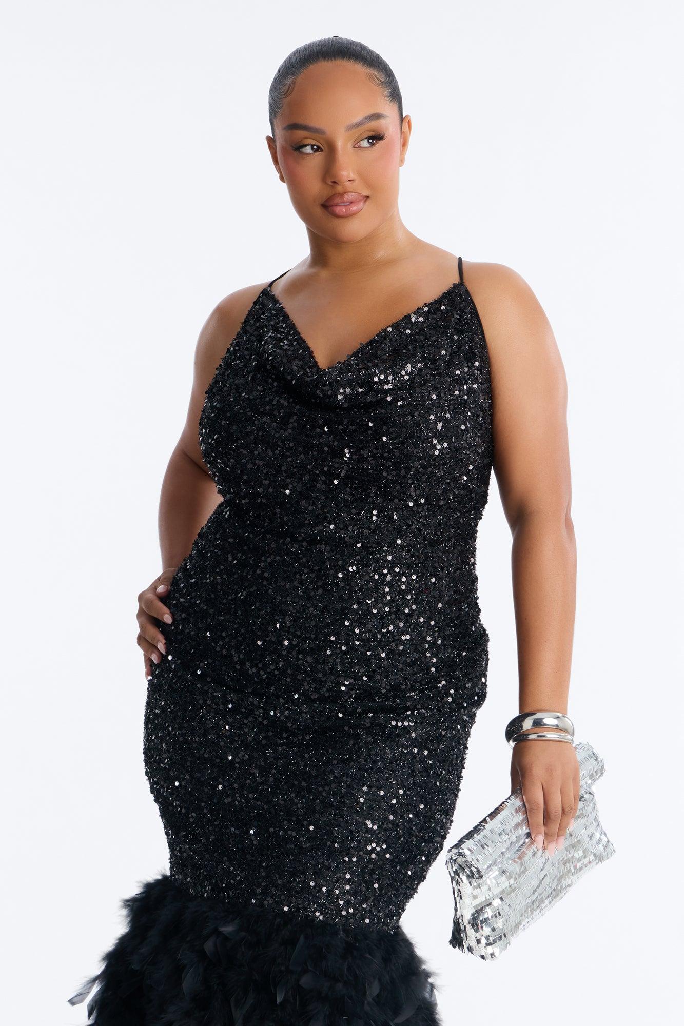 Zoey Feathered Sequin Midi Dress - Black Female Product Image