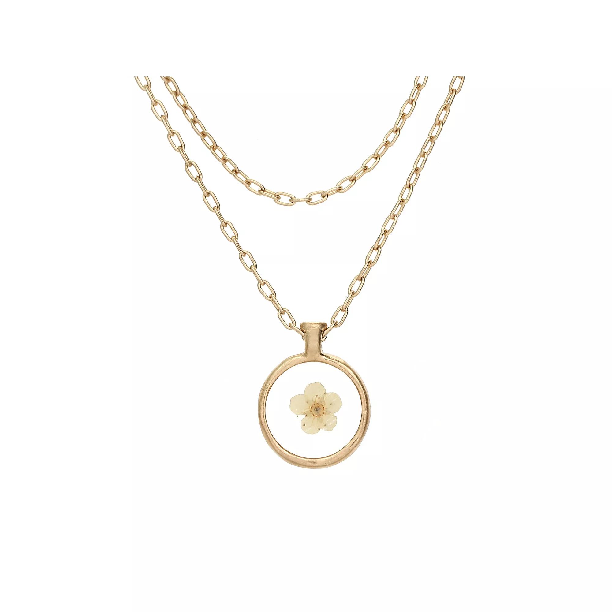 Bella Uno Worn Gold Tone White Pressed Flower Layered Chain Pendant Necklace, Women's, Size: 18-20" ADJ Product Image