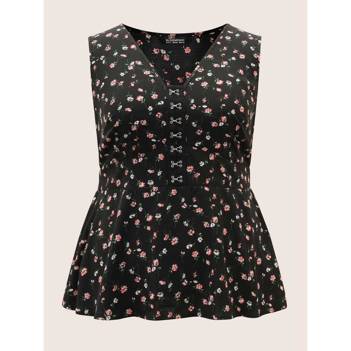 Plus Size V Neck Ditsy Floral Buckle Detail Tank Top Women Black Elegant Gathered V-neck Everyday Tank Tops Camis BloomChic 28/5X Product Image