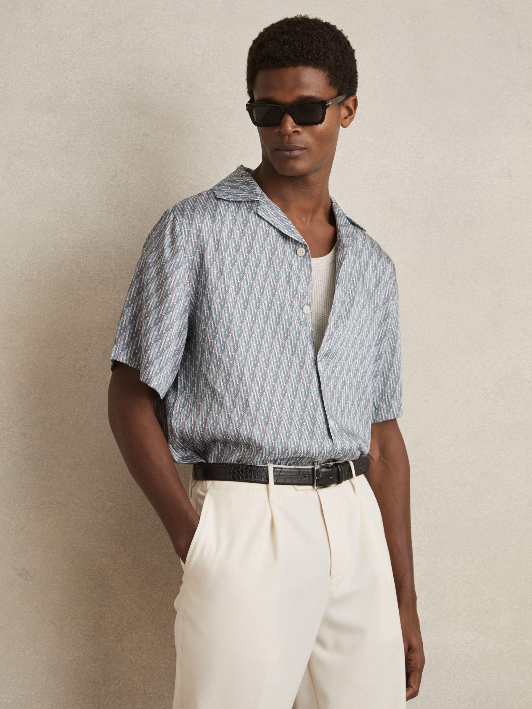 Monogram-Print Cuban-Collar Shirt in Blue Product Image