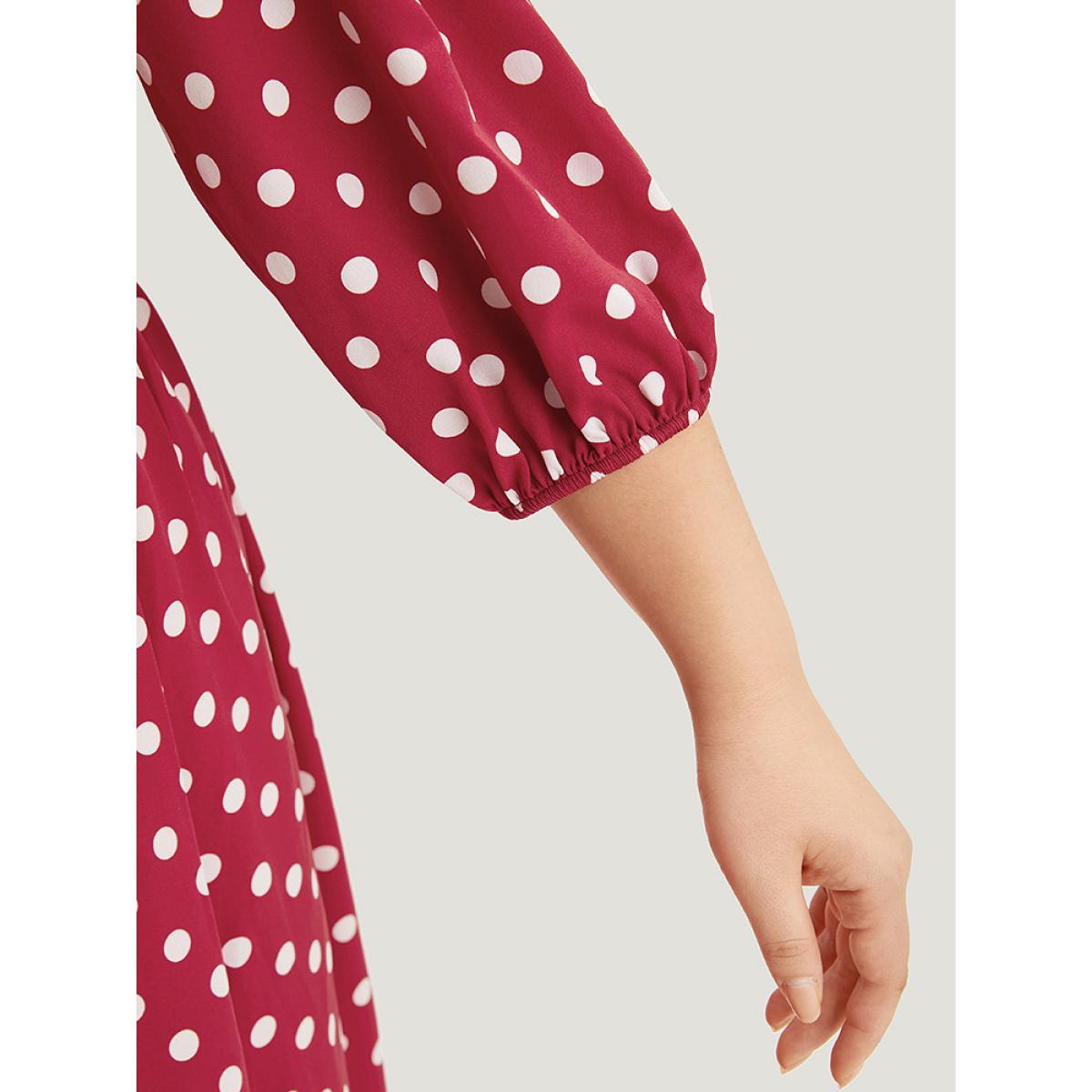 Plus Size Polka Dot Pocket Button Detail Lantern Sleeve Dress Scarlet Women Elegant Printed V-neck Half Sleeve Curvy Midi Dress BloomChic 12/L Product Image