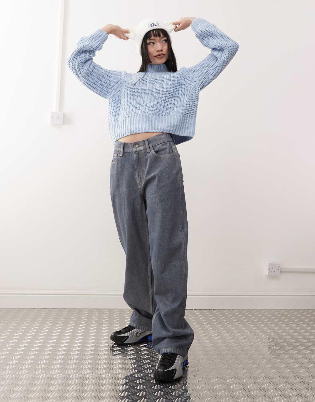 Noisy May high neck cropped knit sweater in light blue Product Image