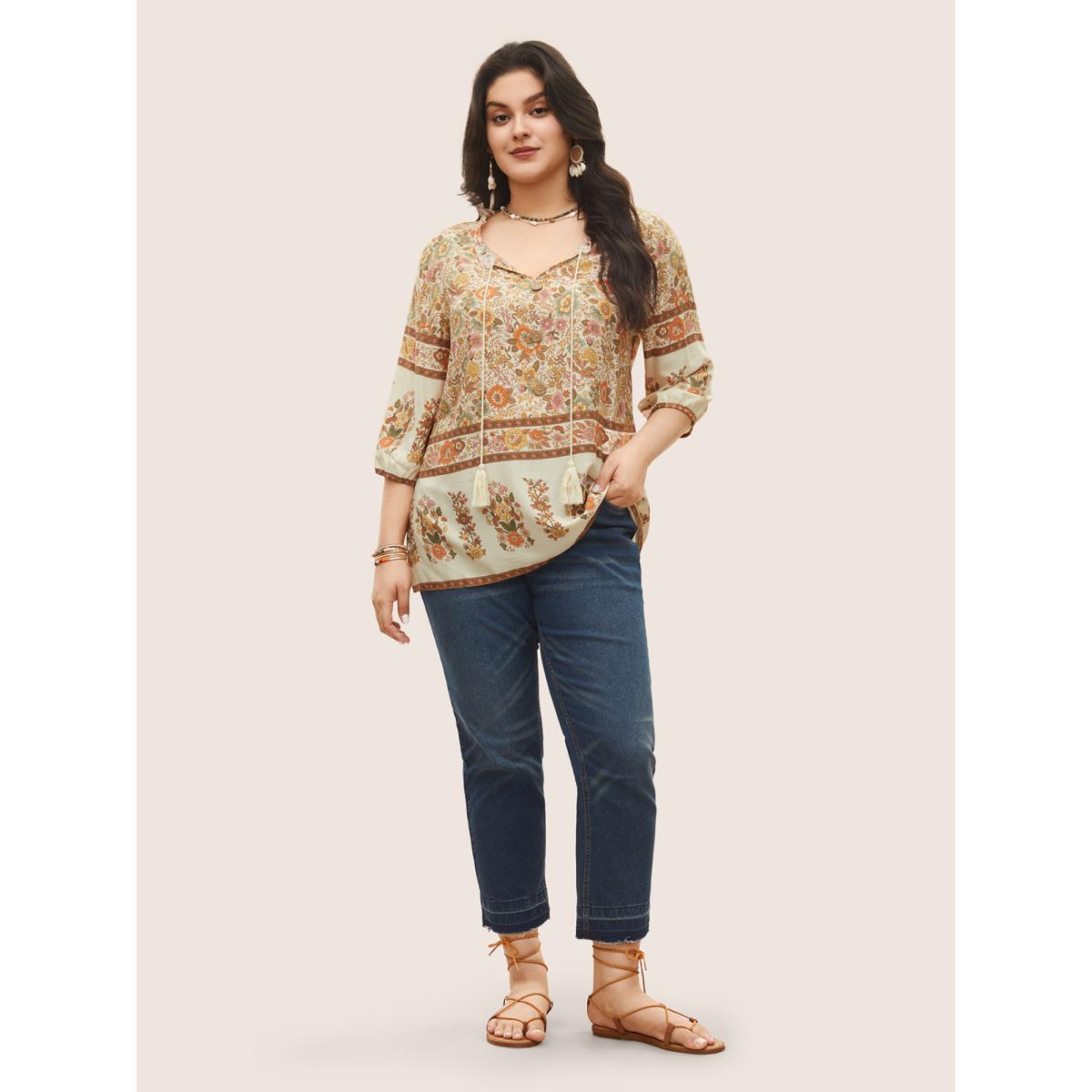 Plus Size Apricot Rayon Boho Print Button Detail Tie Neck Blouse Women Resort Elbow-length sleeve Notched collar Vacation Blouses BloomChic 10/M Product Image