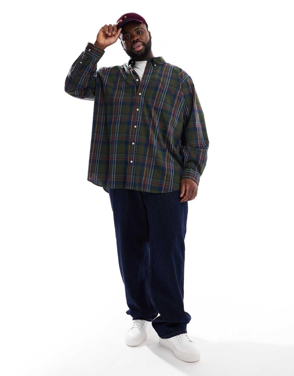 Polo Ralph Lauren Big & Tall icon logo check madras shirt in dark green Product Image