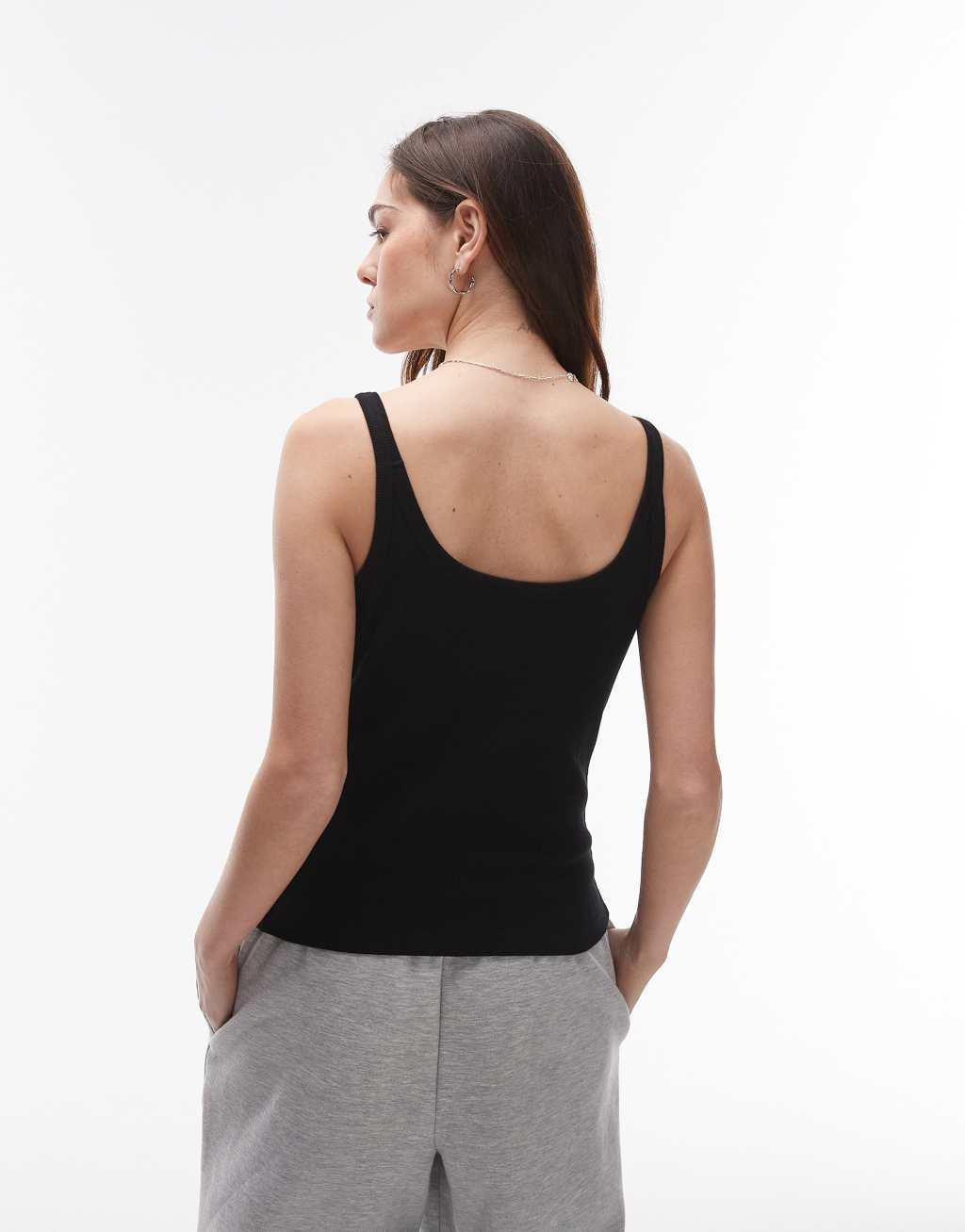 Topshop skinny strap scoop ribbed tank top in black Product Image