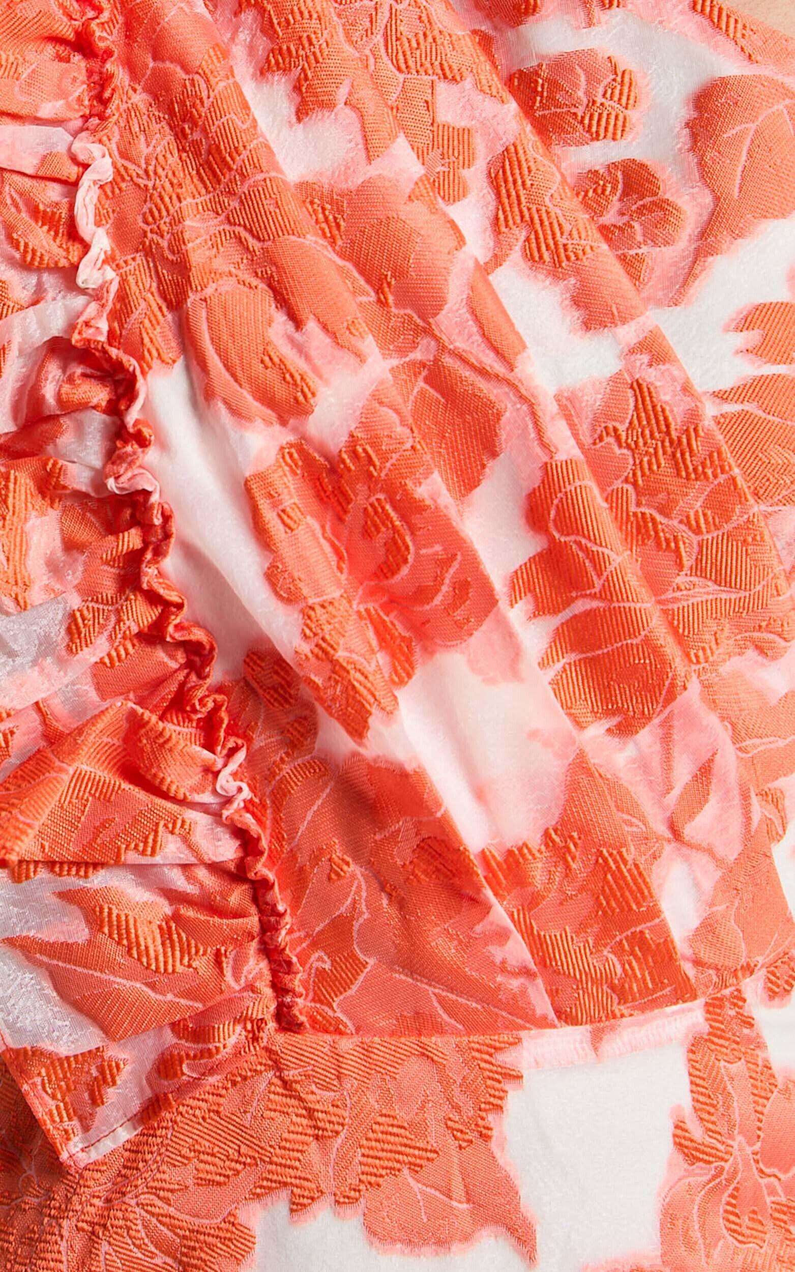 Alfreda Midi Dress - One Shoulder Ruffle Detail Brailey Jacquard Dress in Orange Jacquard Product Image