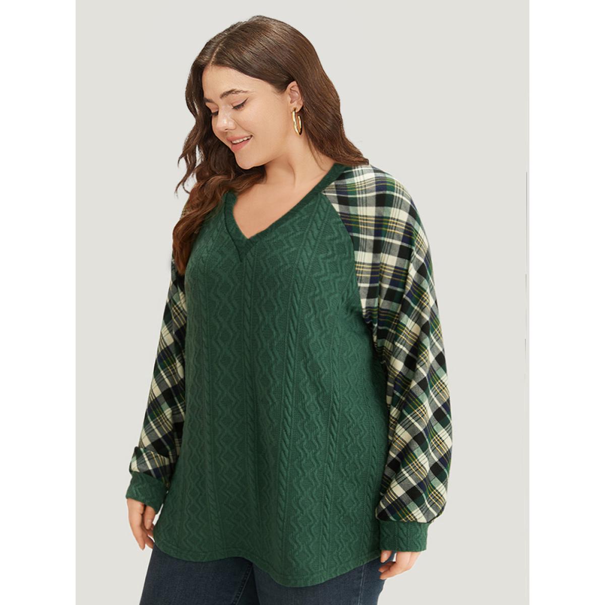 Plus Size Plaid Raglan Sleeve Patchwork Texture Sweatshirt Women DarkGreen Casual Elastic cuffs V-neck Dailywear Sweatshirts BloomChic 10/M Product Image