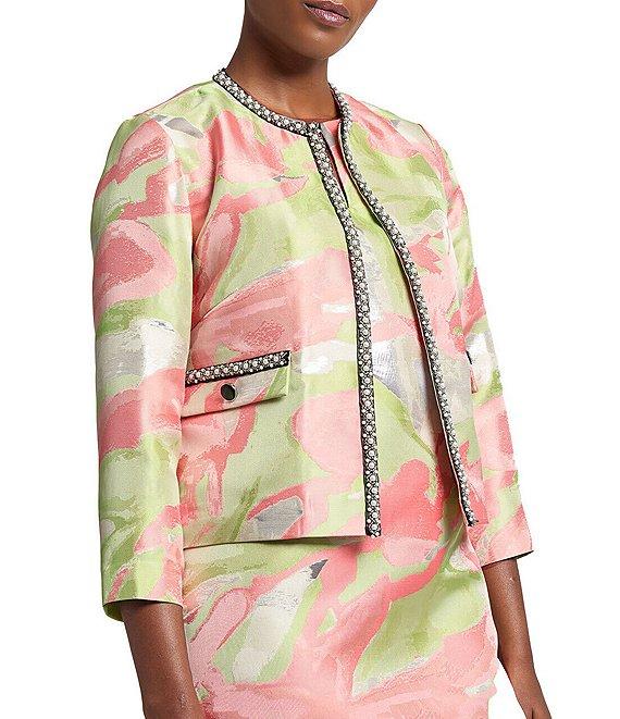 Ming Wang Printed Jacquard Round Neck 3/4 Sleeve Peral Trim Jacket Product Image