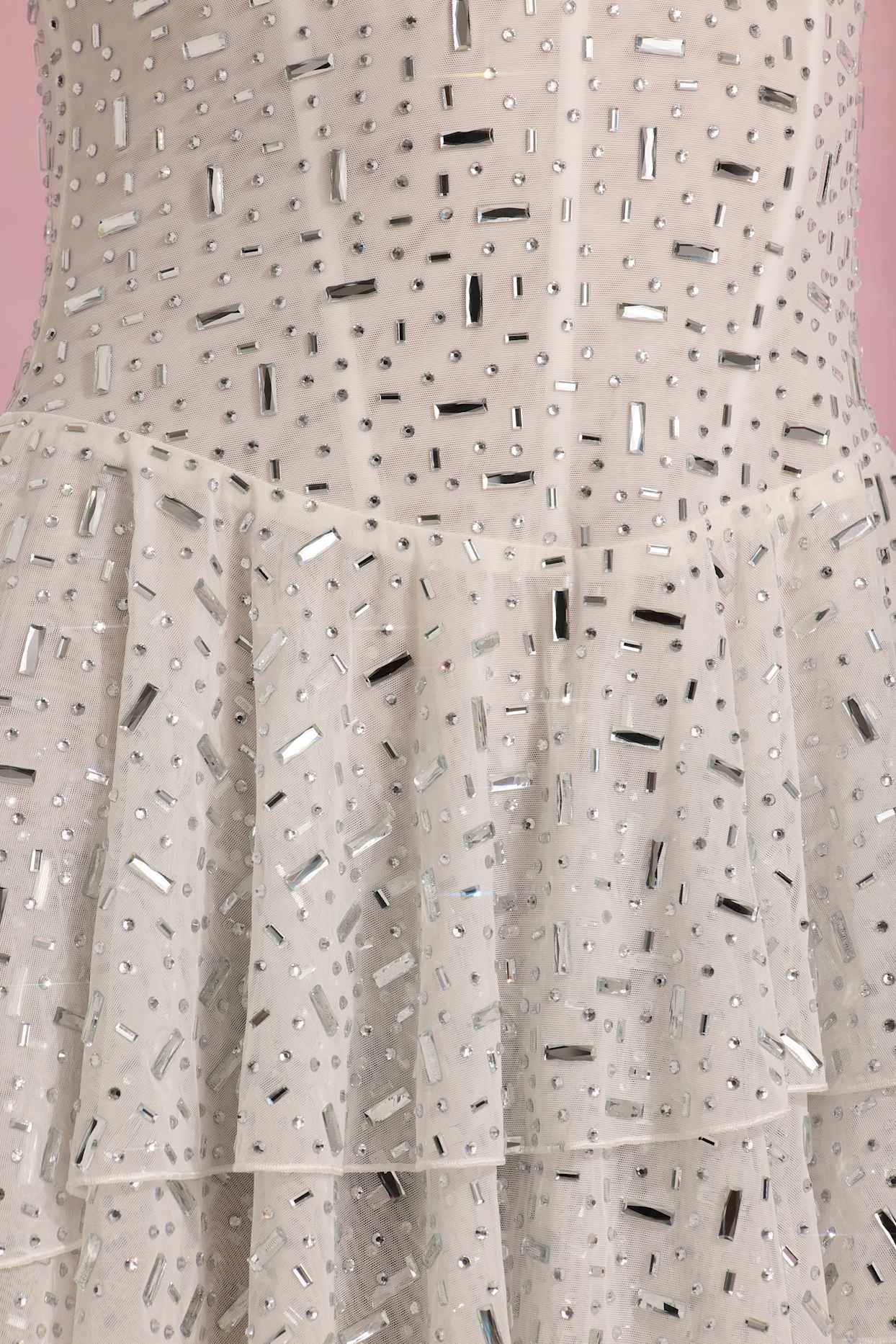 Embellished Ruffled Tiered Mini Dress in White Product Image