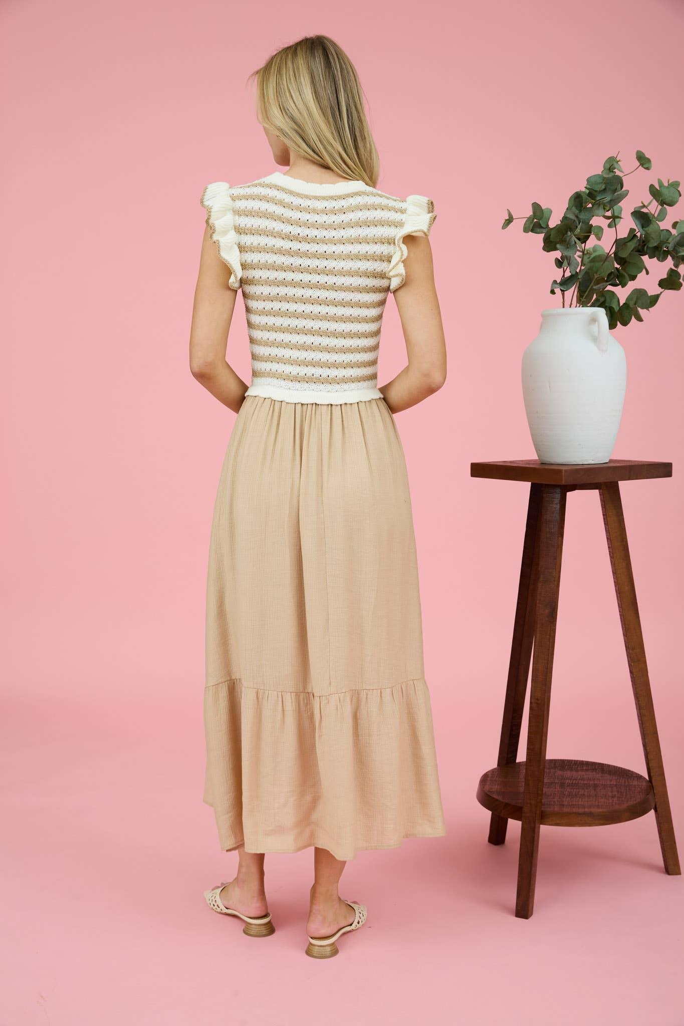 STRIPE SWEATER TOP MIXED MEDIA MIDI DRESS: NAVY Product Image