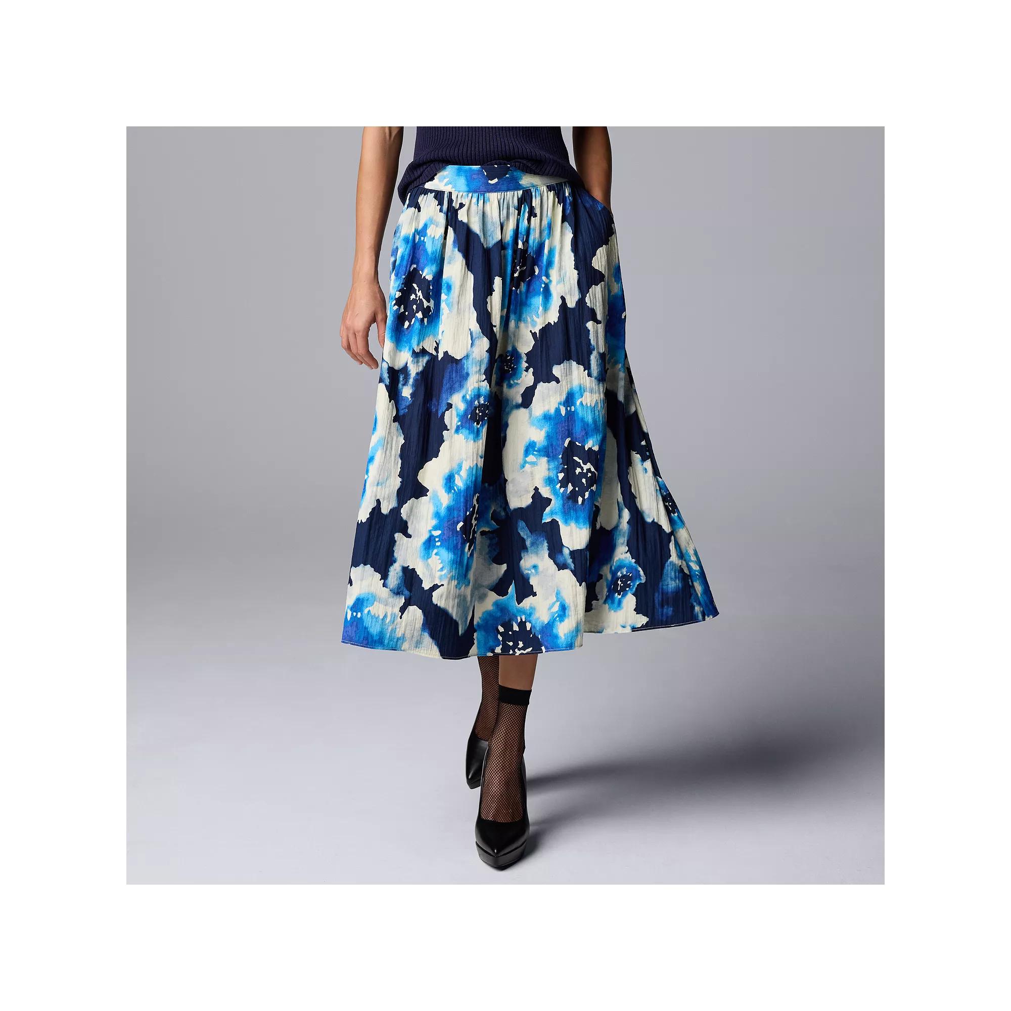 Women's Simply Vera Vera Wang Shirred Midi Skirt, Size: Medium, Navy Blue Floral Product Image