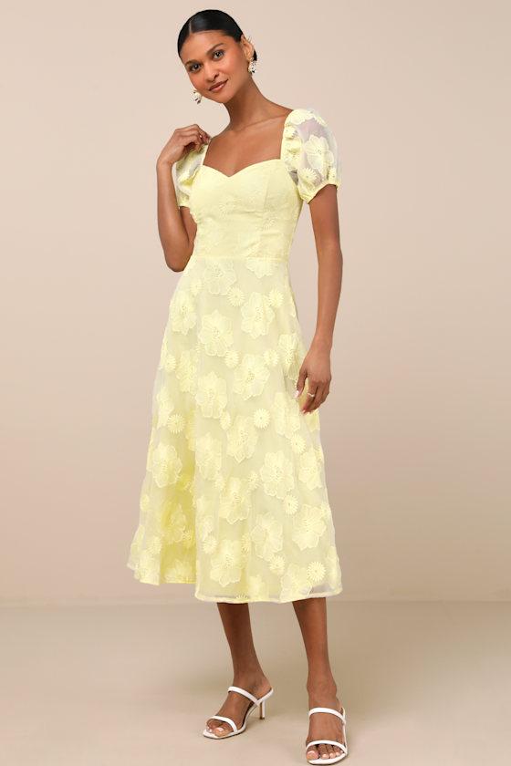 Sweetest Behavior Yellow Embroidered Puff Sleeve Midi Dress Product Image