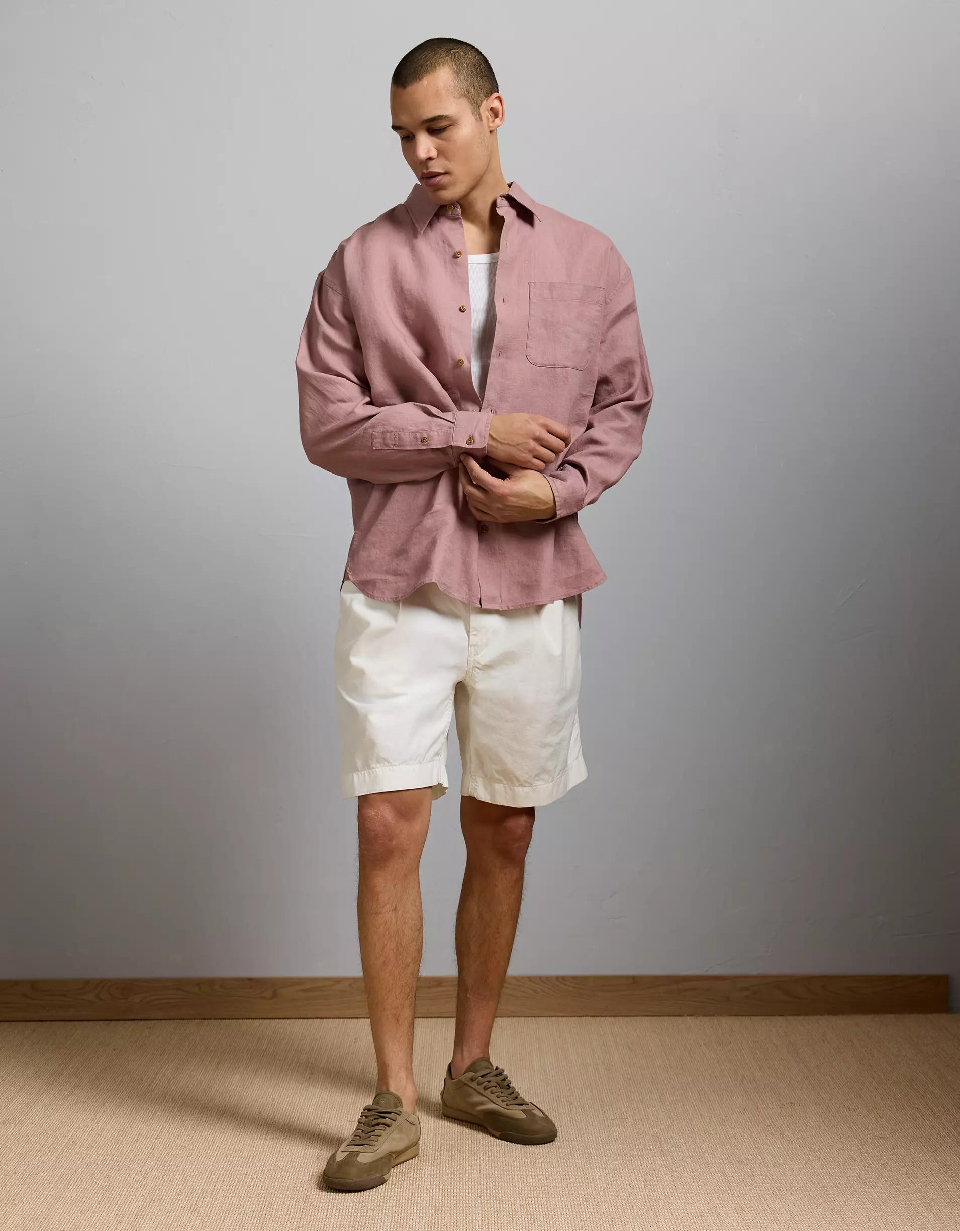 AE77 Premium Relaxed Linen Button-Up Shirt Product Image