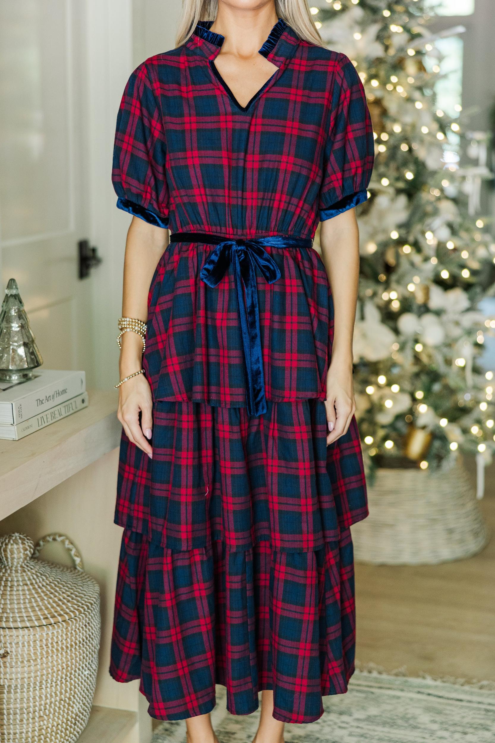 Feeling The Joy Red Tartan Plaid Midi Dress Female Product Image