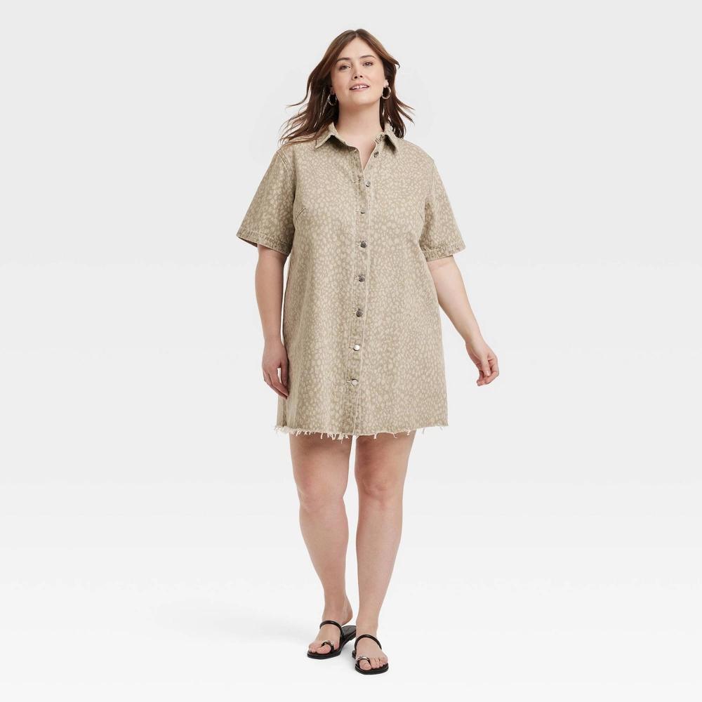 Women's Leopard Denim Mini Shirtdress - Universal Thread™ Tan M: Recycled Cotton, Front Button Down, Long Sleeve Product Image