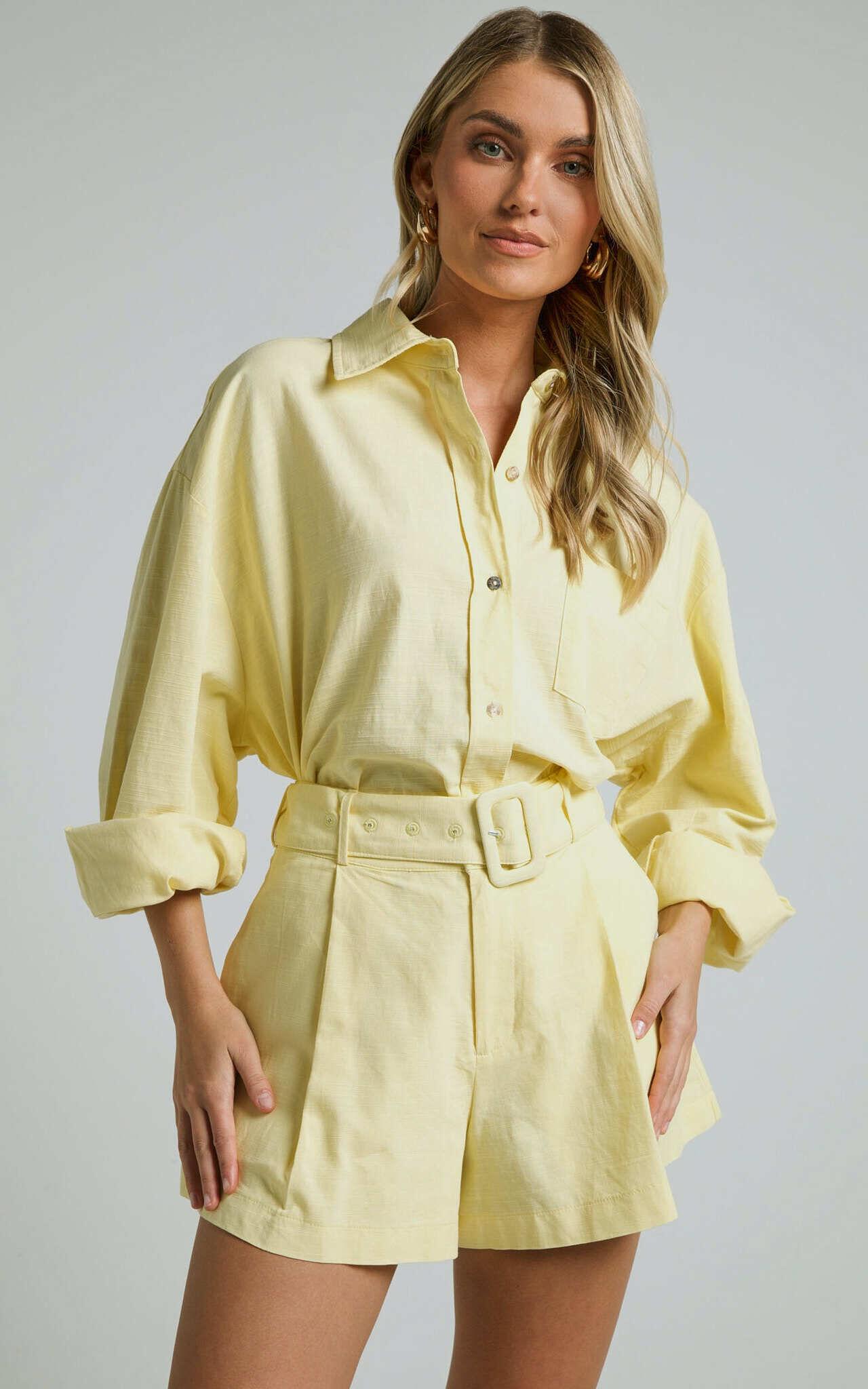 Seraphine Shorts - Linen High Waisted Belted Shorts in Lemon Product Image