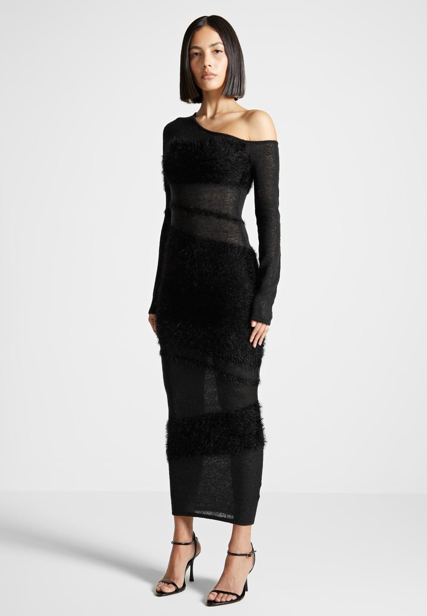Off Shoulder Knitted Maxi Dress - Black Female Product Image