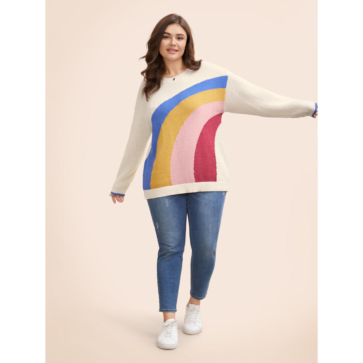 Plus Size Round Neck Rainbow Contrast Texture Pullover Multicolor Women Casual Long Sleeve Round Neck Everyday Pullovers BloomChic 14-16/1X Product Image