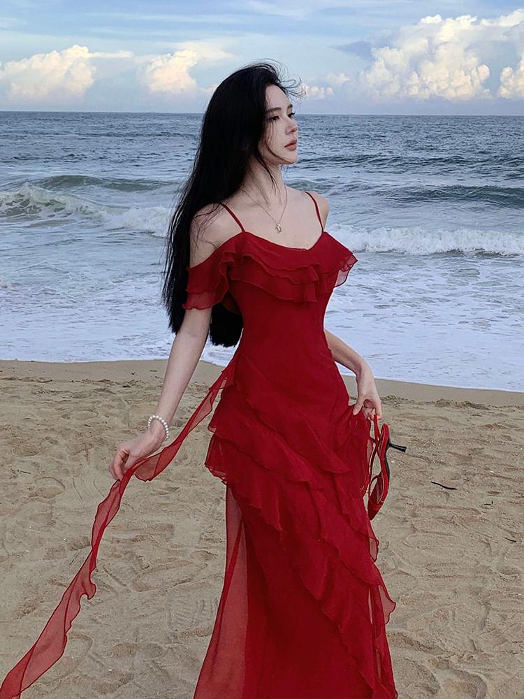 Sleeveless Scoop Neck Plain Ruffle Trim Slit Maxi Sheath Dress Product Image