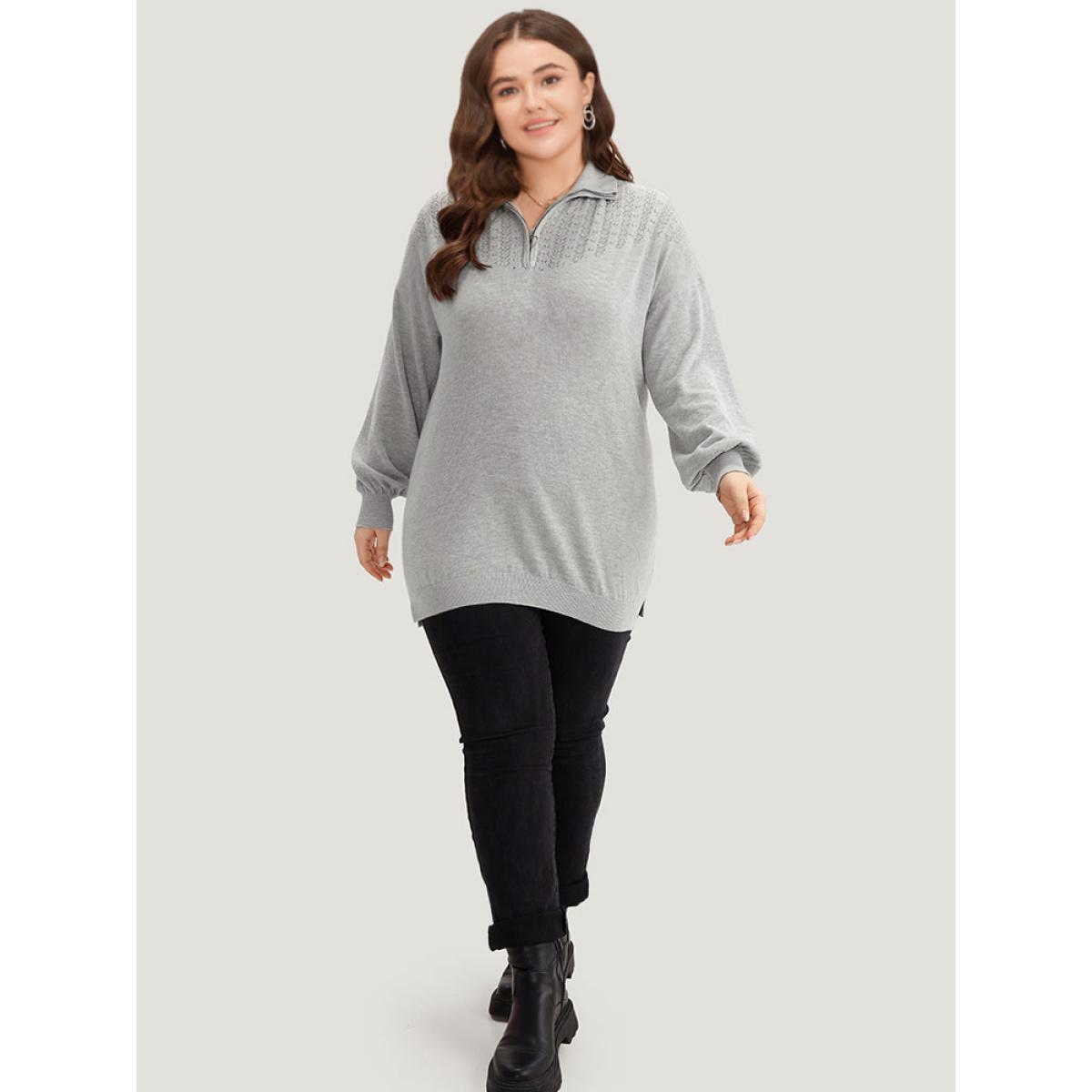 Plus Size Plain Lapel Collar Plisse Zipper Pullover LightGray Women Casual Loose Long Sleeve Lapel Collar Dailywear Pullovers BloomChic 26/4X Product Image