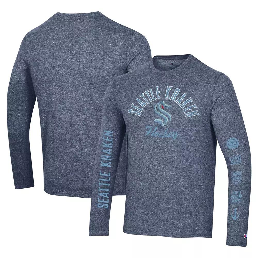 Men's Champion Heather Navy Seattle Kraken Multi-Logo Tri-Blend Long Sleeve T-Shirt,  Product Image